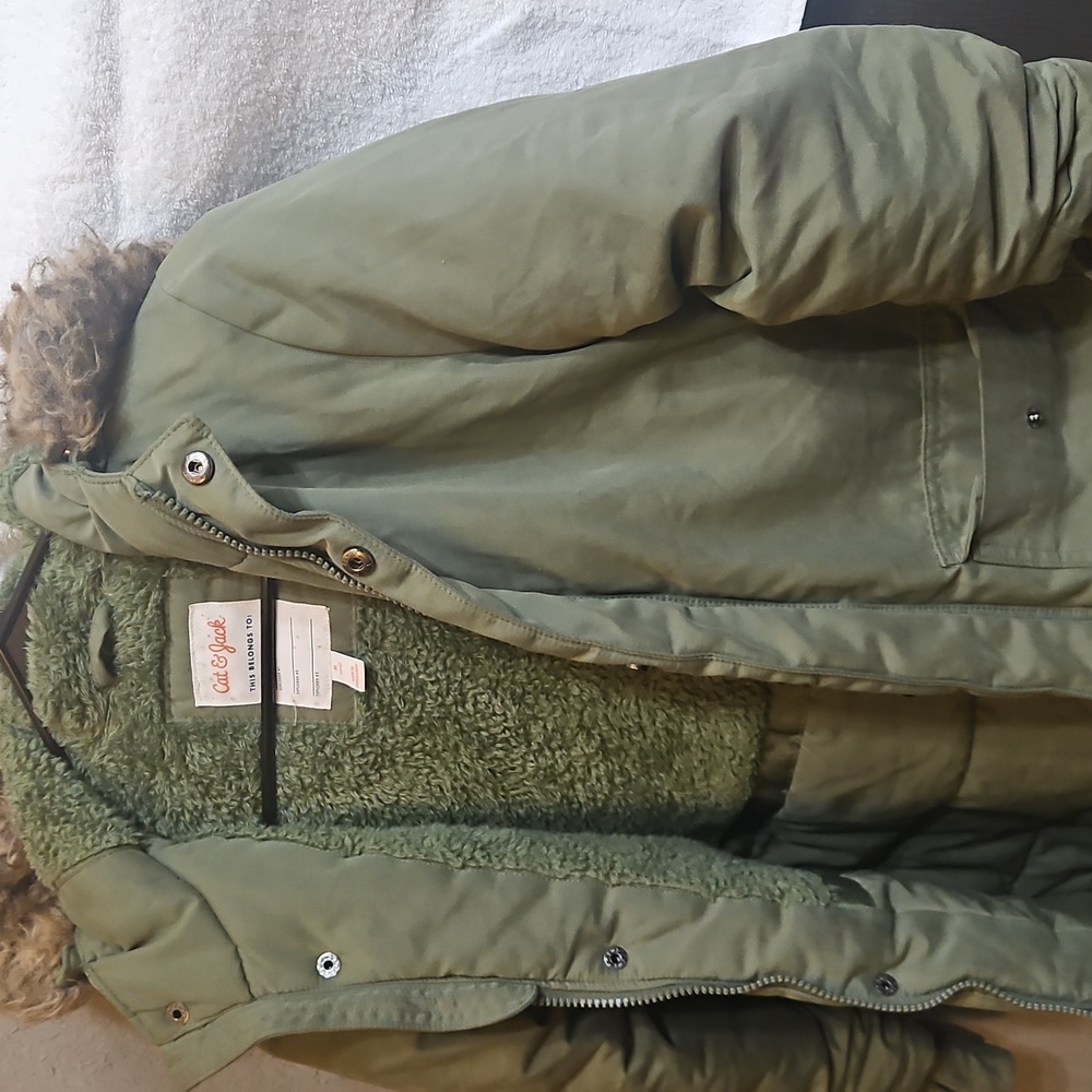 Cat & Jack Green Puffer Jacket with Faux Fur Trim